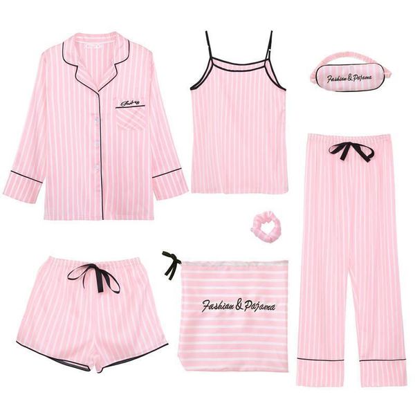

7 pieces women sleepwear pajamas set robe pyjamas short lingerie nightwear solid autumn summer underwear satin pajama long pant, Black;red