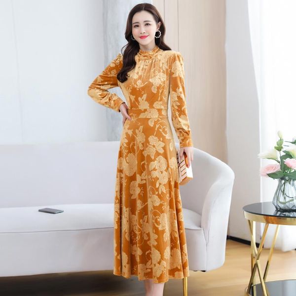 

fall dresses for women clothes elegant long sleeved velvet jacquard dress plus size 3xl 4xl red yellow autumn winter casual, Black;gray