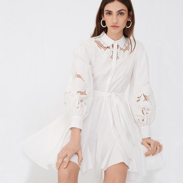 

casual dresses white embroidered hollow dress ins french cotton puff sleeves shirt woman, Black;gray