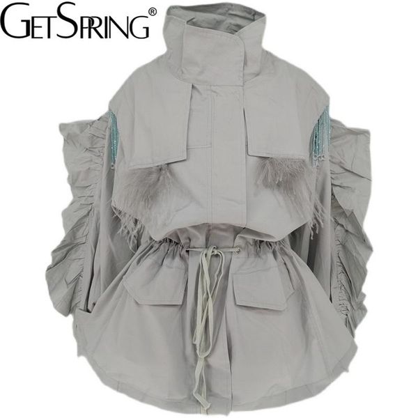 

getspring women trench coat tassel beaded lantern sleeve ladies windbreaker drawstring loose casual thin autumn 211021, Tan;black