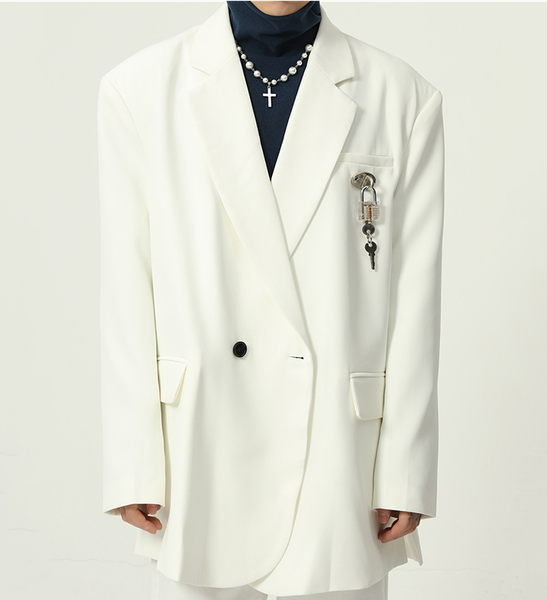 

Menswear Fashion Yellow White Blazer Male's Autumn Winter 2021 New Detachable Lock Design Double Breasted Suit Jacket D4007, White;black