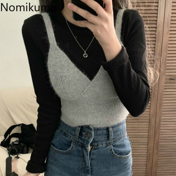 

nomikuma autumn knitted two pieces sets bow bandage slim v-neck sleeveless sweater vest + half turtleneck basic 6c875 210427, White;black