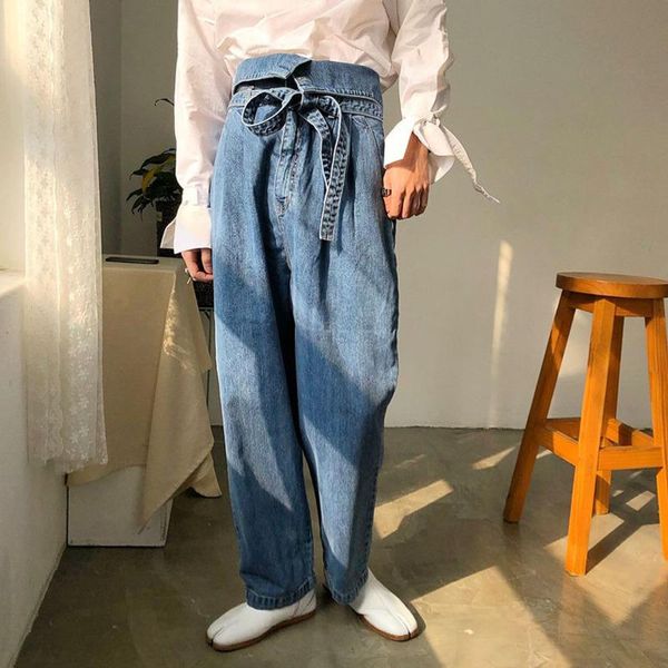 

spring and autumn youth male solid color loose lace-up can turn down jeans fashion casual straight pants blue men's