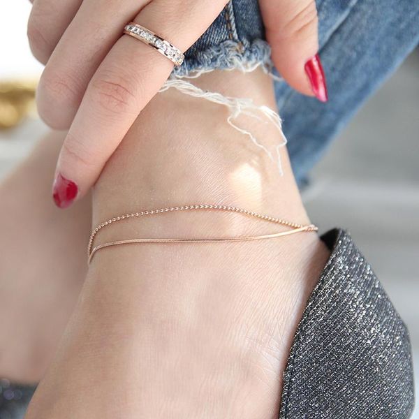 

fashion double layer snake chain anklet rose gold color woman titanium steel jewelry never fade drop anklets, Red;blue