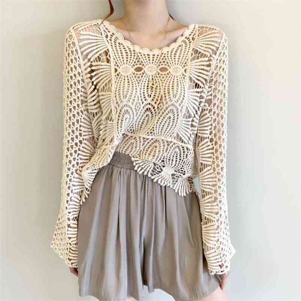 

spring autumn women's korean style round neck hollow lace crochet all-match solid color long-sleeved s gx358 210507, White