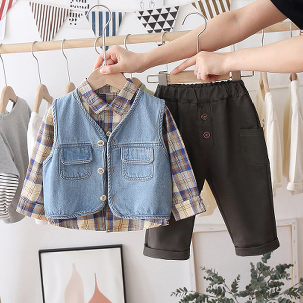 

boys suit spring and autumn 2022 new childrens denim vest baby handsome three-piece baby fashion trend, White