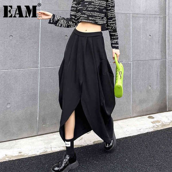 

[eam] high elastic waist black big size pleated irregular half-body skirt women fashion spring summer 1dd6556 210512