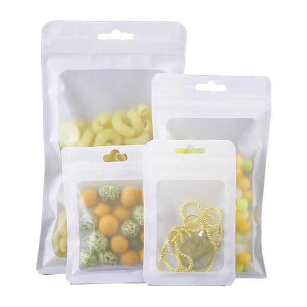 

storage bags 100pcs matte white clear mylar foil bag with hang hole zipper seal reusable reclosable food snack gift pack pouches