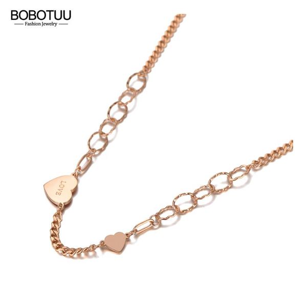 

chains bobotuu bohemia rose gold double heart charm pendant necklaces for women fashion stainless steel link chain necklace bn20217, Silver
