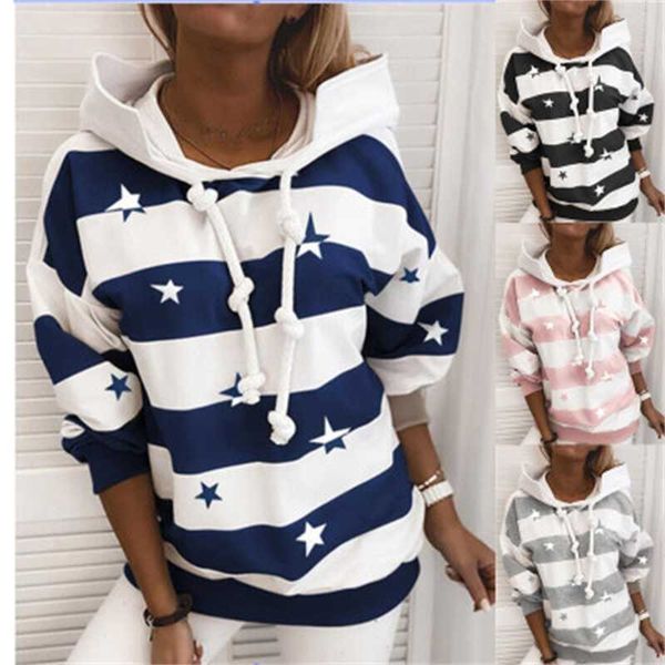 

fashion hoodies 2021 long sleeve autumn striped pentagram women's hoodie, Black