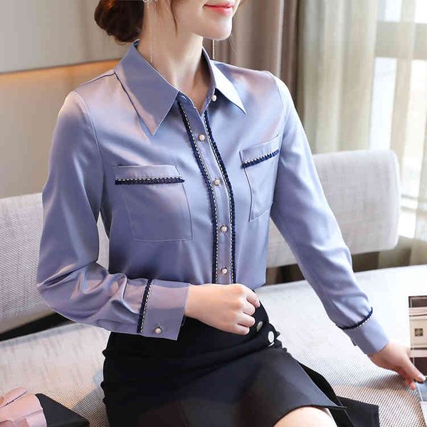 

women solid color spring autumn turn down collar elegant chiffon shirt office blouse long sleeve shirts 833i 210420, White