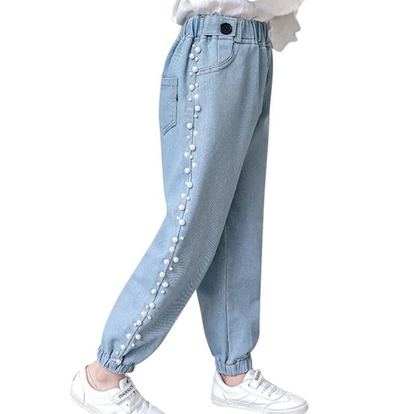 

jeans for girl solid color girls pearl pattern kid casual style clothes 6 8 10 12 14, Blue