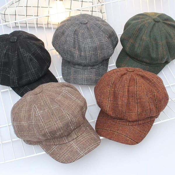 

stingy brim hats elegant art octagonal hat for women autumn winter casual plaid artist british style berets woolen woman retro, Blue;gray