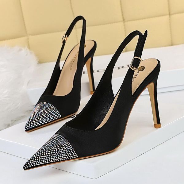 

wedding shoes pumps women pointed rhinestone high heels italian designers zapatos de mujer ayakkabi, Black