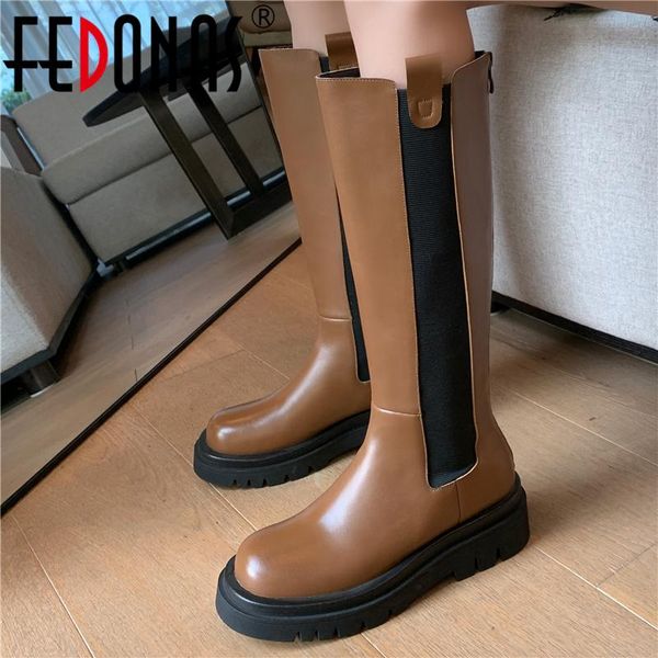 

boots fedonas genuine leather classic women knee high platform concise thick heels autumn winter fsahion shoes woman, Black