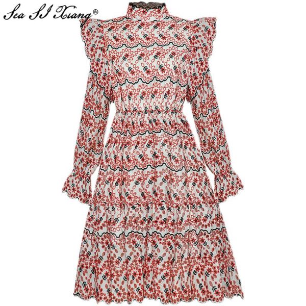 

seasixiang fashion designer spring dress women's flare sleeve floral embroidery hollow out vintage dresses casual, Black;gray