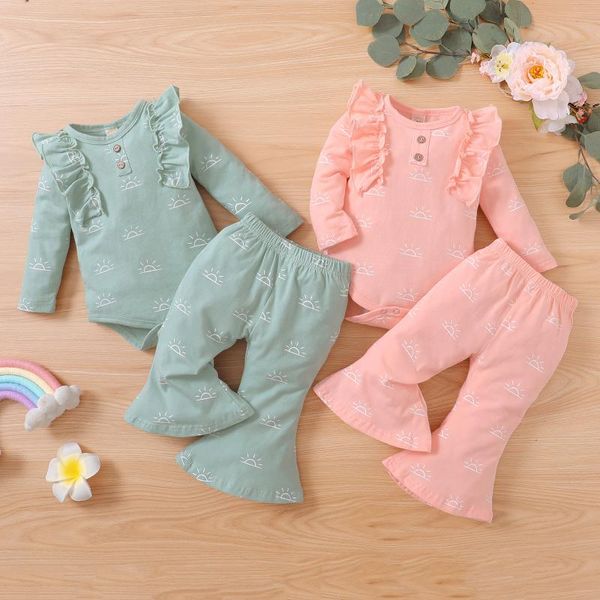 

clothing sets cute autumn baby girls 2pcs clothes set sun printed pattern ribbed ruffle long sleeve romper and flared pants infant outfits, White