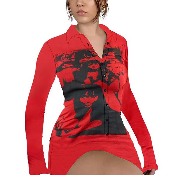 

casual dresses women close-fitting short dress long sleeve turn-down collar portrait printed pattern shirt autumn spring female, Black;gray