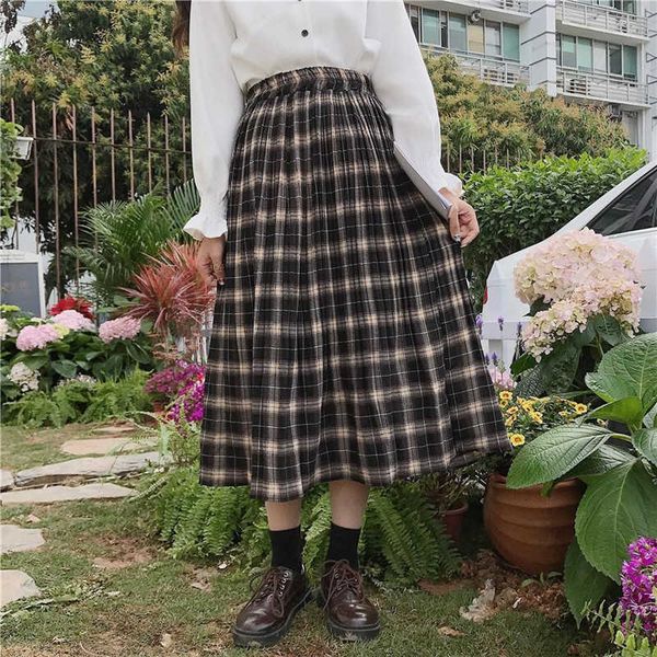 

high waist long plaid skirt women pleated feminina vintage lady skirt autumn winter elegant jupe longue femme student streetwear 210619, Black