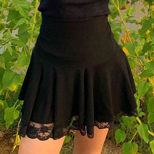 Goth Y2K Dantel Kenar Yamalı Yüksek Belli Kısa Siyah Pileli Etek Kadın E-Kız Estetik Vintage Mini Etekler Saias Kadın 210415