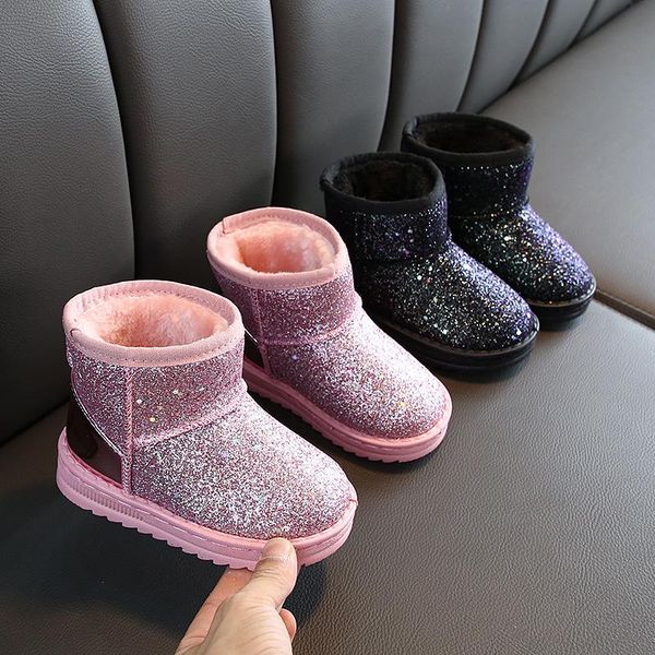

toddler baby winter warm shoes girl snow boots bling sequins kids non-slip thick boy fur velvet, Black;grey
