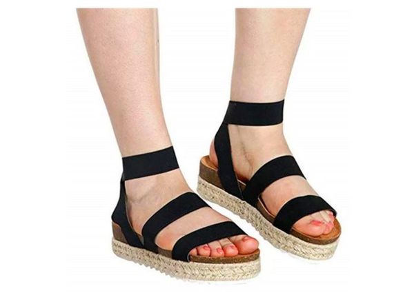 

breathable summer women fashion solid color sandals buckle strap wedges platform retro peep toe, Black