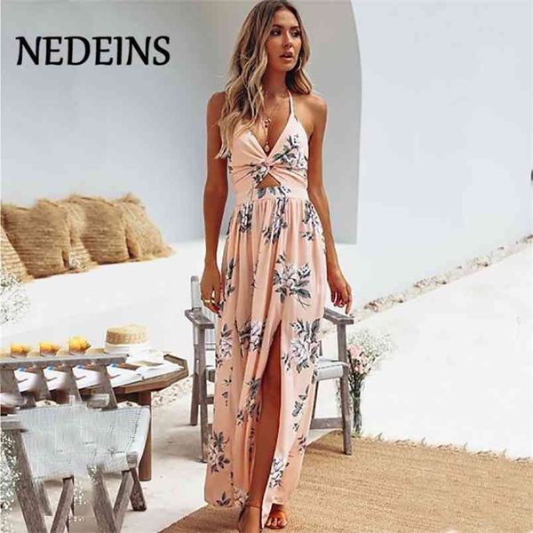 Nedeínas Mulheres Verão Vestido Longo Bohemian Beach Vestido Verão Floral Halter Dress Vestidos Mulher Festa noite 210715