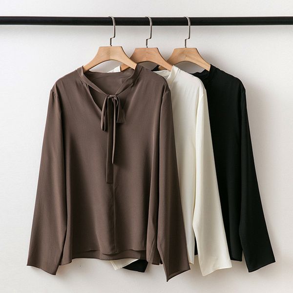 

suit v-neck blouse women's loose long sleeve 100% silk lace-up office lady shirt, White;black