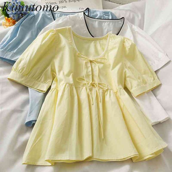 

kimutomo sweet wind bow lace up blouse girls o neck short sleeve shirt female summer solid color korean chic elegant 210521, White