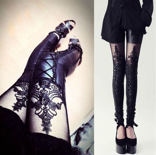 

women's leggings bigsweety 2021 women lace embroidered pants punk leather stitching cropped bottoming, Black