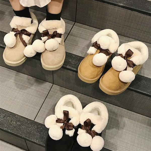 

boots snow winter thickened warm fur ball short flat bottom cute soft girl student cotton shoes female wild, Black