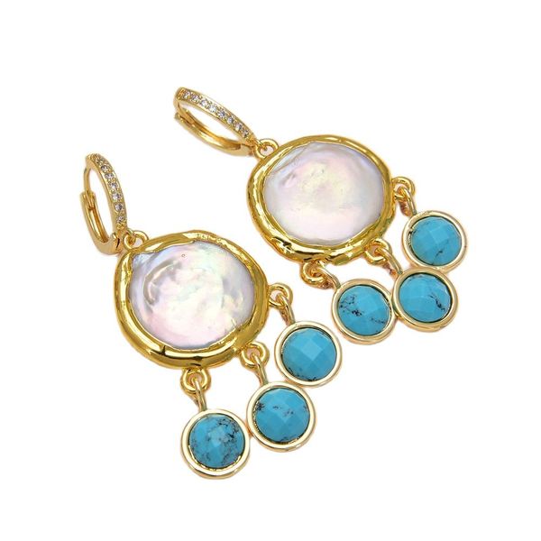 

guaiguai jewelry cultured white coin freshwater pearl blue turquoises dangle cz hook earrings handmade for women real gems stone lady fashio, Silver