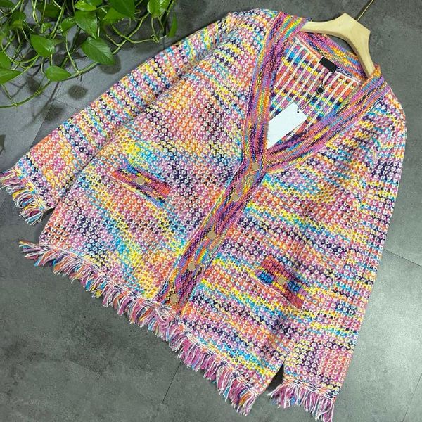 

women's jackets 2021 luxury design fashion rainbow woven tweed cardigan temperament v-neck tassel long sleeve knitted sweater, Black;brown