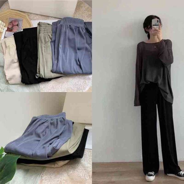 

women's leggings ice silk wide leg pant's high waist hanging feeling 2022 casual pants loose straight tube summer thin floor mops, Black