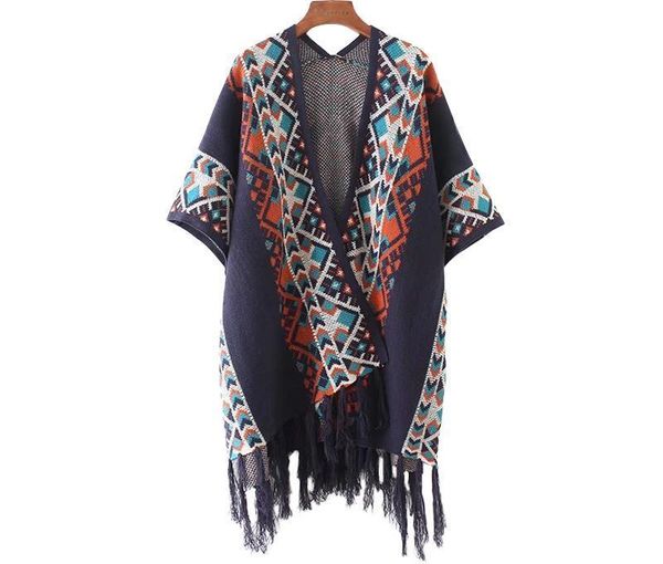 

cheshanf autumn winter tribal women sweater ethnic knitting cardigan warm shawl fashion streetwear poncho cape, White;black
