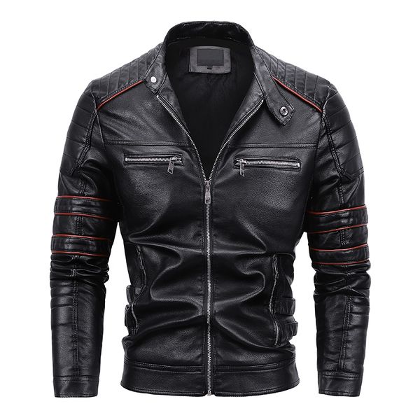 

young handsome locomotivesolid color men s leather jacket stand collar retro comfortable warm windproof and warm fashion travel commuter, Black