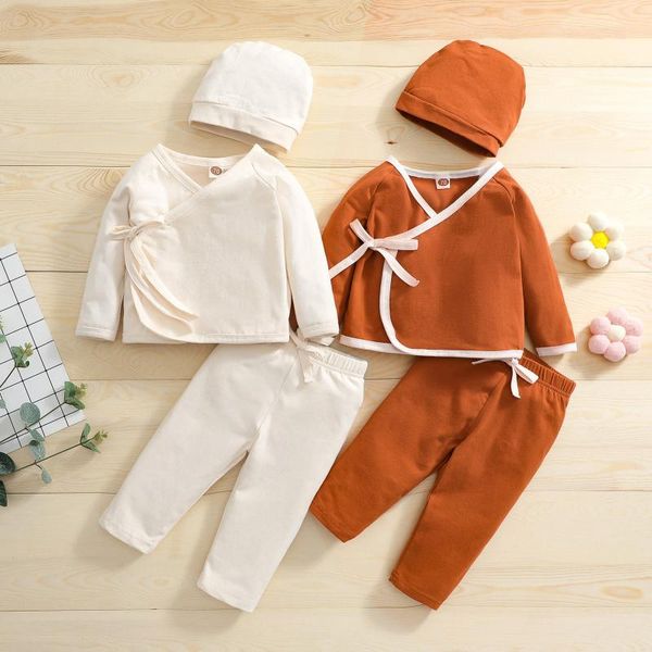 

clothing sets baby solid color tracksuits v-neck long sleeves tied elastic waist pants hat suit for girls boys, White