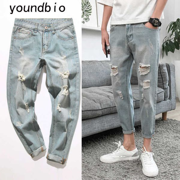 

men 2021 sping and summer ripped jeans breathable stylish personality casual joker popular long pants haroun pants 6208 x0621, Blue