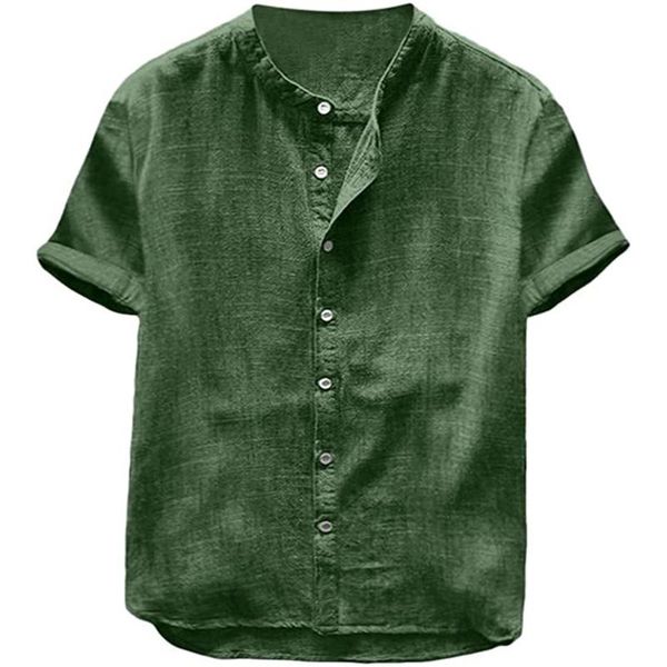 

men's casual shirts mens collarless henley short sleeve breathable button lightweight summer cotton linen solid color, White;black