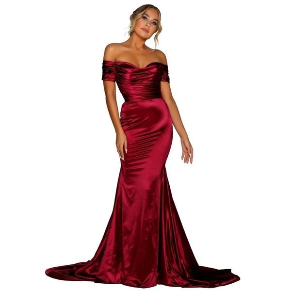 

burgundy off the shoulder maxi dress evening party long stretch satin slash neck elegant floor length gown 210331, Black;gray