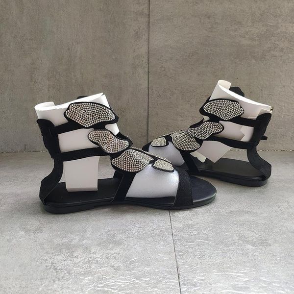 

designer women shoe fashion crystal open toe ankle sandals black rhinestone low heel flat slippers summer butterfly wedge flats comfortable