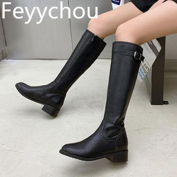 

boots women autumn winter pu motorcycle med heels knee-high round toe zip square heel 2021 concise fashion brown, Black