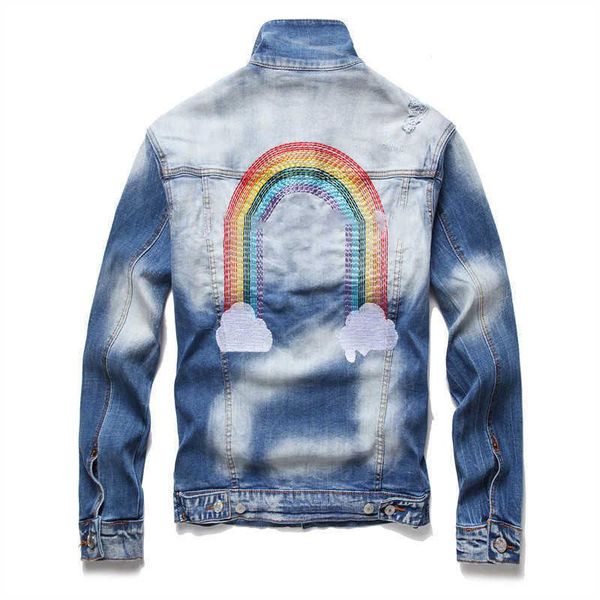 

classic coat mens jeans hip hop pants street jacket hoodie cashmere trend zipper chain decoration ripped stretch slim washed motocycle denim, Blue