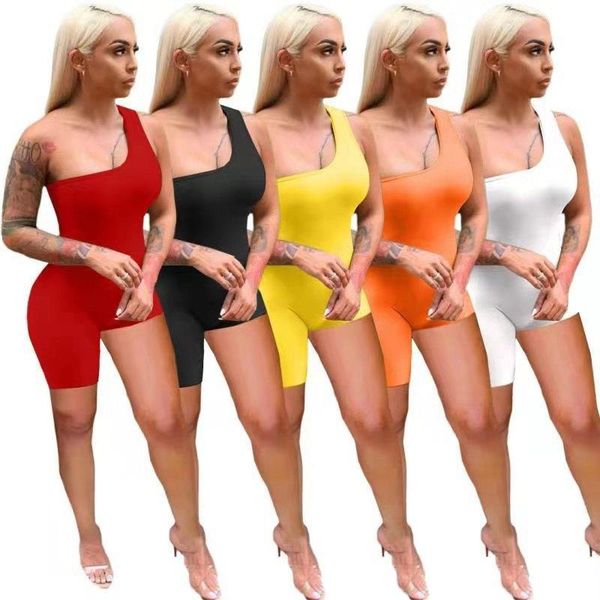 

solid fashion sporty bodycon jumpsuit one shoulder sleeveless asymmetric shorts piece outdoor active sportswear romper 2021 gym clothing, White;black