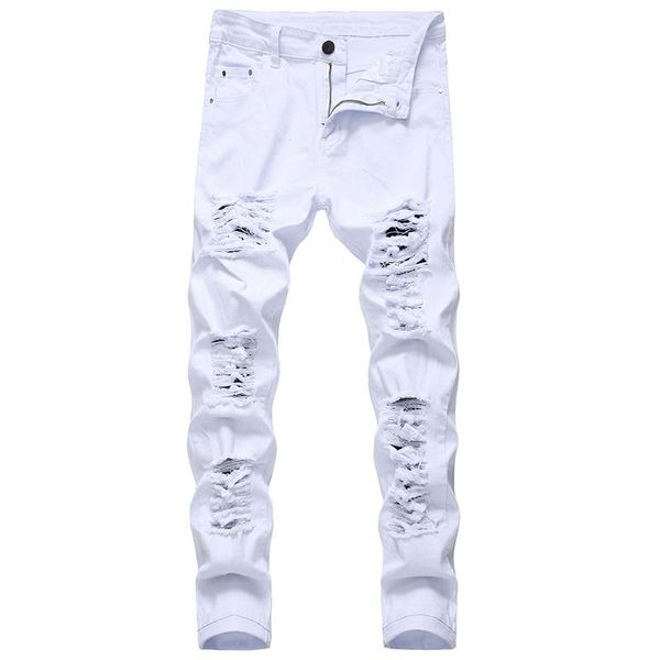 Jeans masculinos denim calças moda designer marca branco buraco reto rasgado calças feita antigas