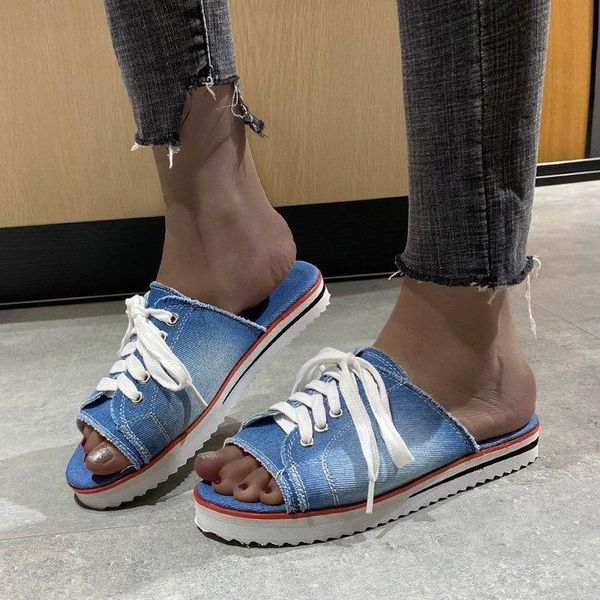 

slippers women canvas flat slipper 2021 woman lace up ladies peep toe women's casual female fashion denim beach shoes plus size 35-43, Black