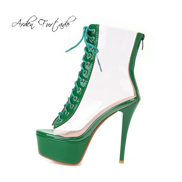 

arden furtado 2021 summer fashion women's shoes peep toe green platform stiletto heels silver pvc boots cross tied big size 48 sandals, Black