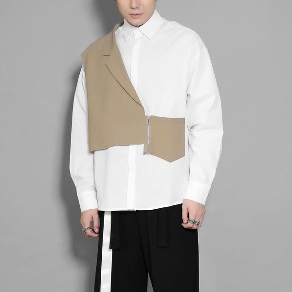 

men's casual shirts spring and autumn lapel asymmetric irregular personality patchwork color stitching cut long sleeve shirt, White;black