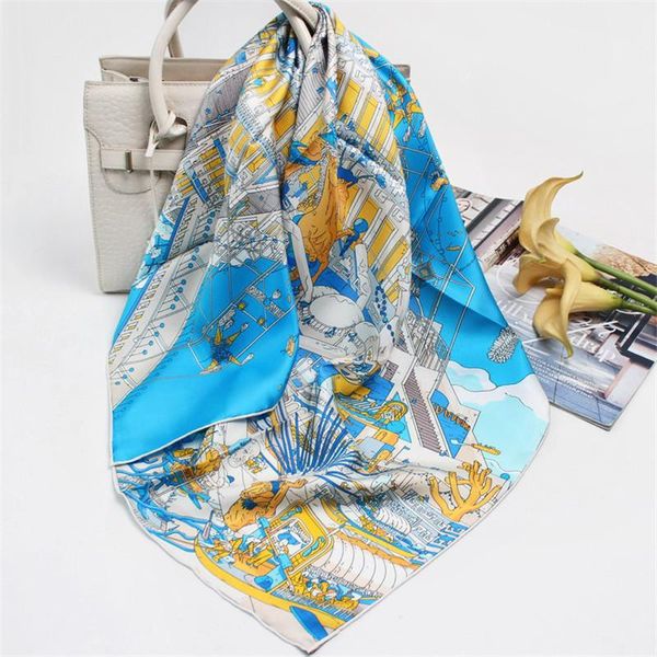 

scarves 100% pure silk scarf women horse city square wraps head handkerchief muslim hijabs foulards bandana 90x90cm, Blue;gray