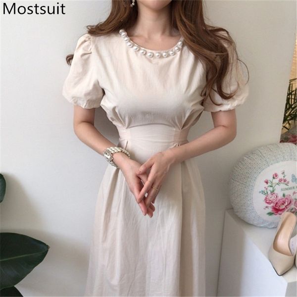 

korean elegant women long dress puff sleeve o-neck pearl beading belted dresses vintage fashion a-line pleated vestidos 210518, Black;gray